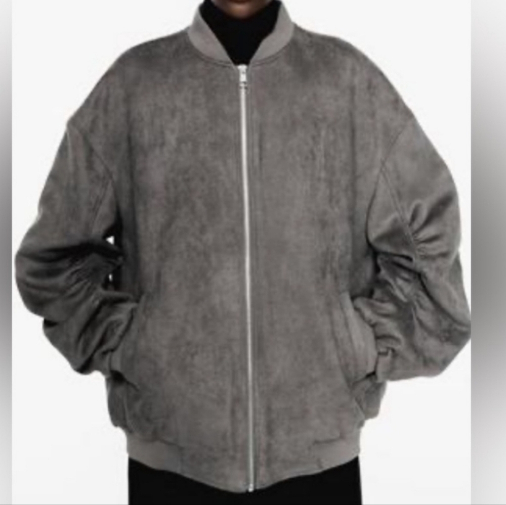 New Zara Oversized Suede Gray Bomber Jacket NWT Medium - Picture 6 of 15